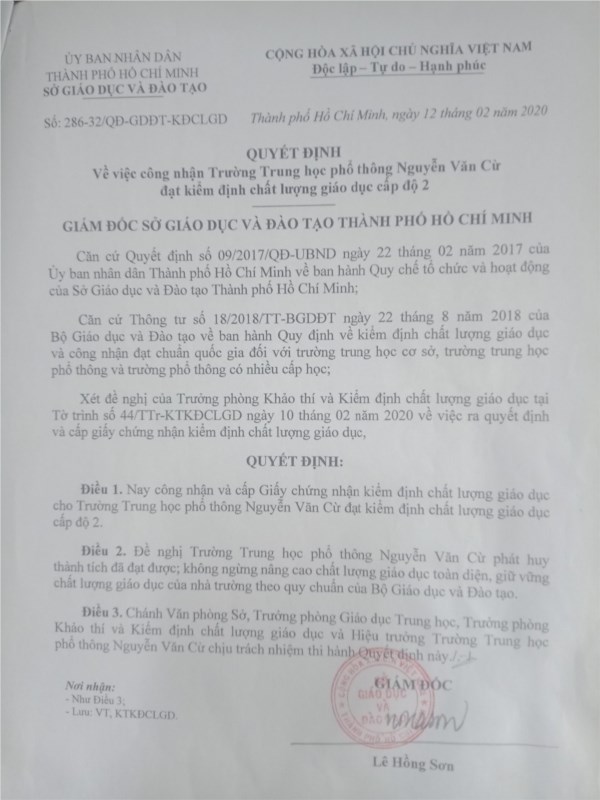 Quyết định công nhận đạt tiêu chuẩn chất lượng giáo dục năm học 2018-2019